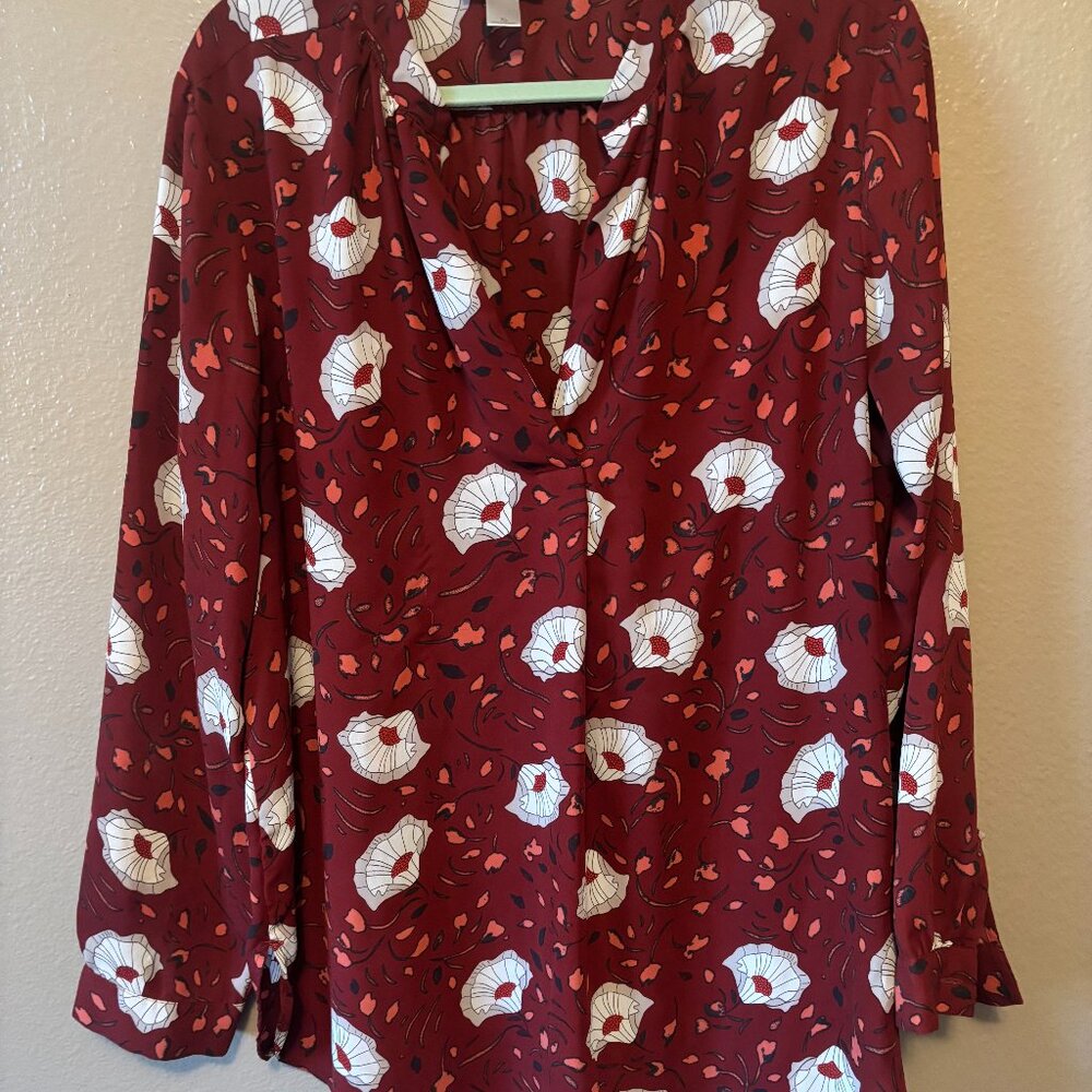 Bold Red White Poppy Floral Blouse with Flowy Longsleeves - LOFT - XL